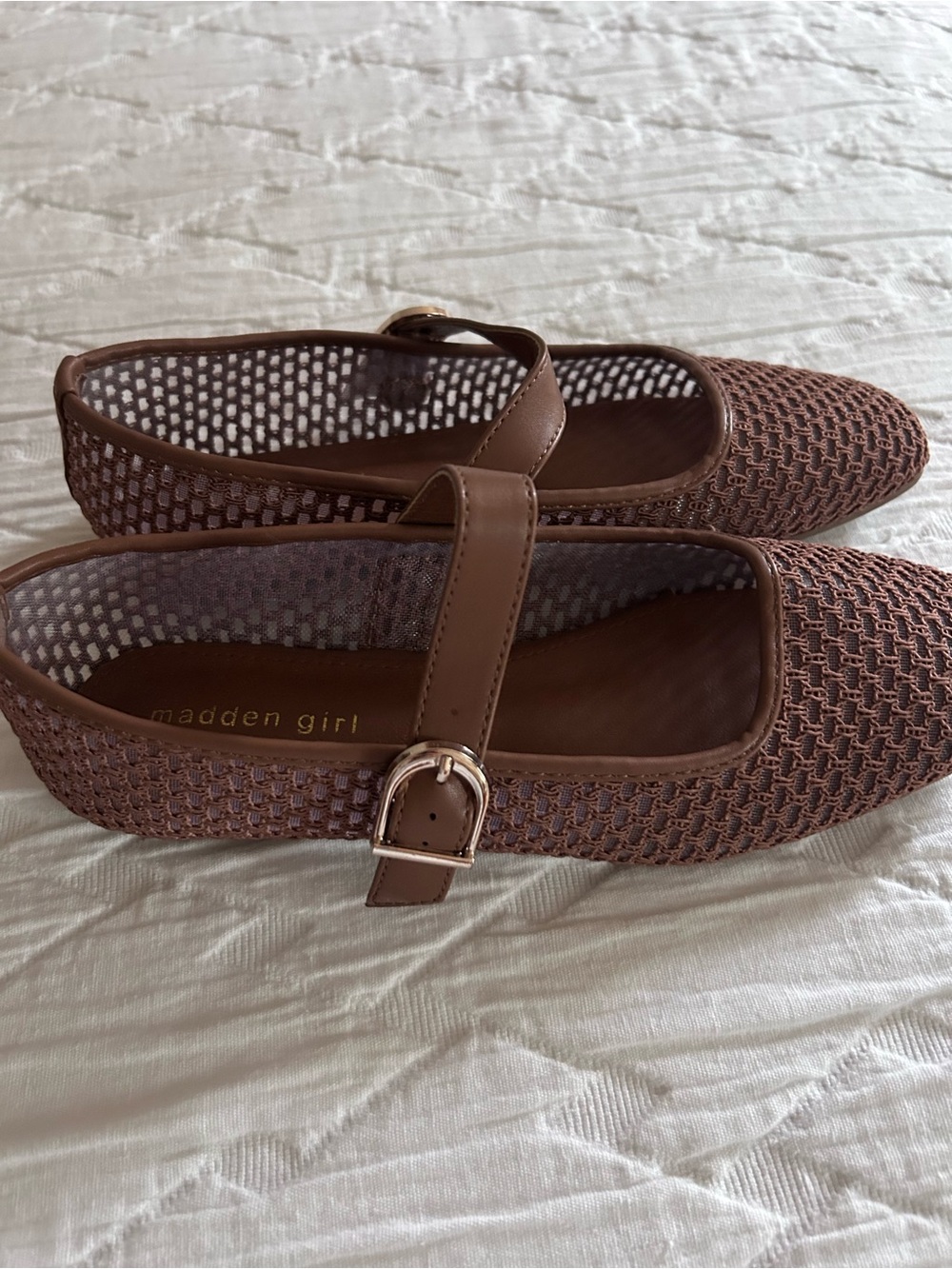 Madden Girl Brown Woven Mary Jane Flats with Buckle Strap
